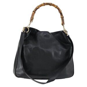 Authentic GUCCI Bamboo Shoulder Bag Leather 2way Black Gold 001 1998 1577